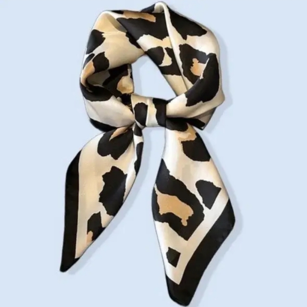 Silky Animal Print Neck Scarf - Cream, Black & Tan